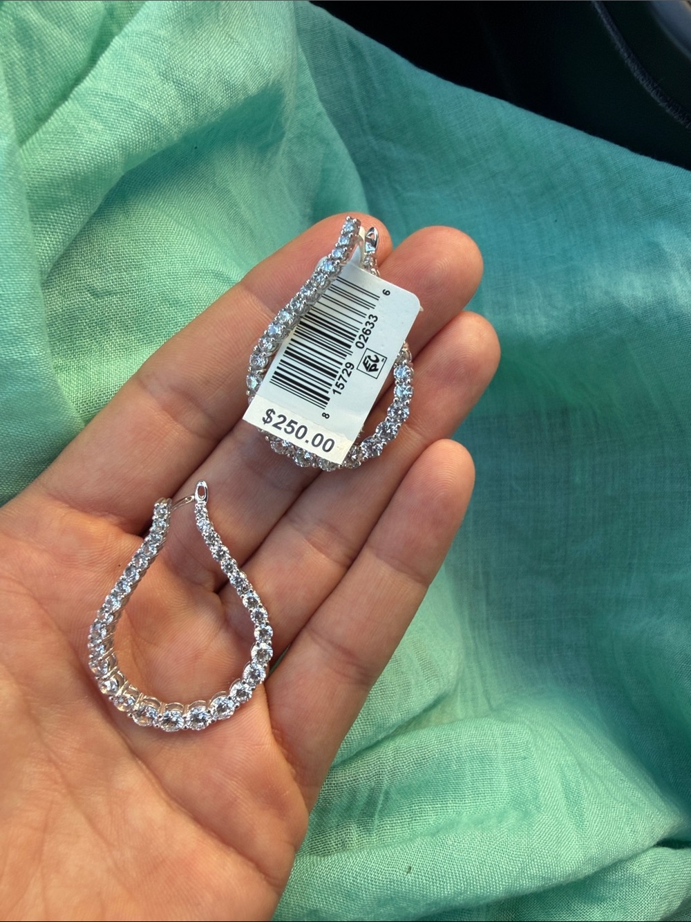 Silver Crystal Teardrop Hoop Earrings - Unbranded